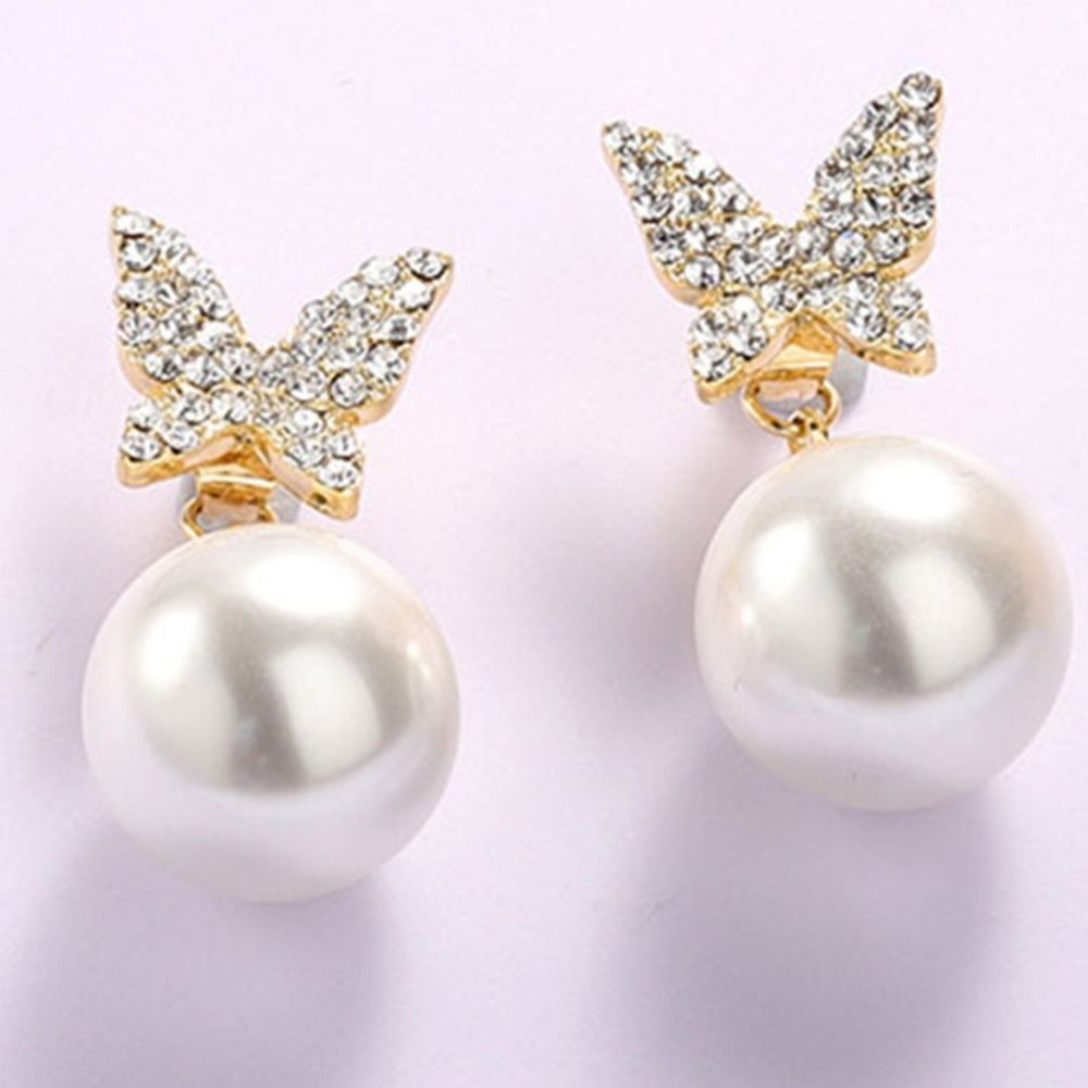 💎122💎 Goldtone‎ Diamond Butterfly Pearl Earrings - Picture 6 of 16